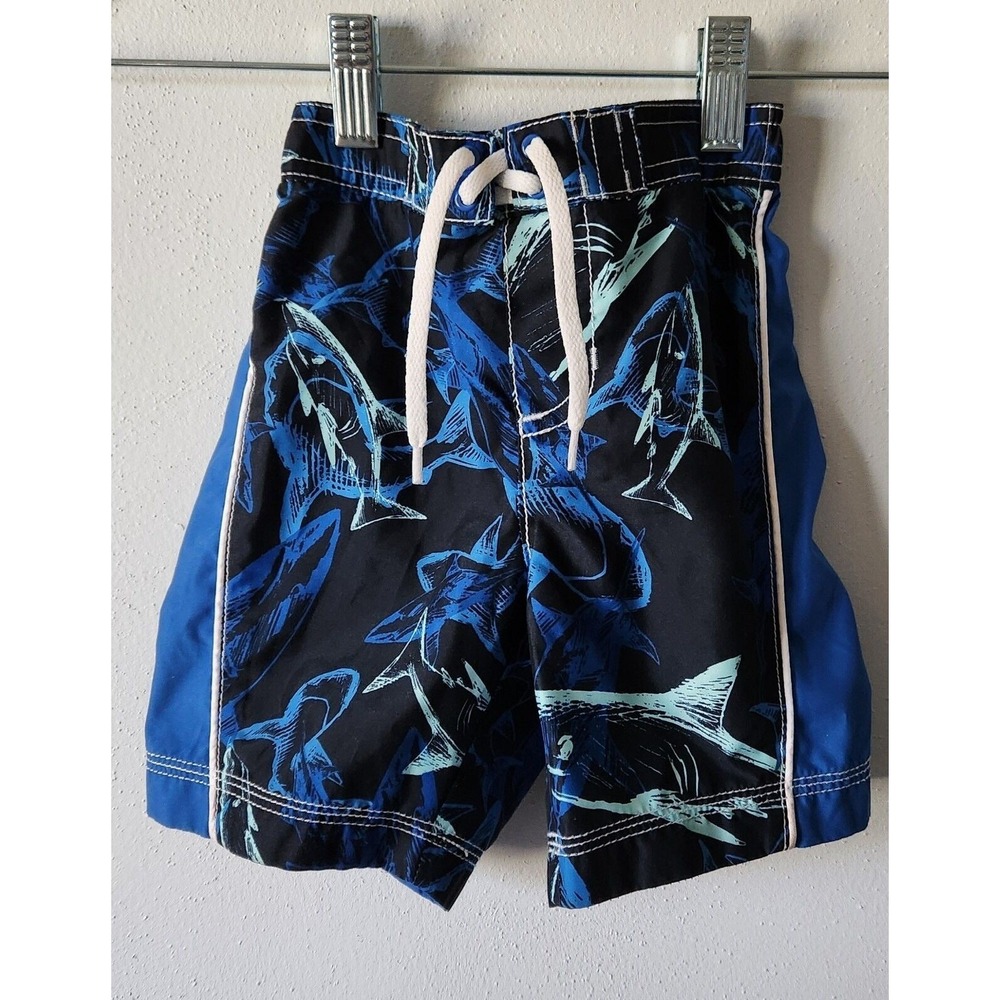 Old Navy Shark Print Swim Trunks Boys 18-24M Blue Black Board Shorts Beachwear